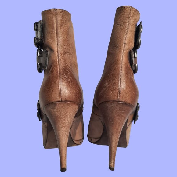 Miss Sixty Ankle Boots Heels 38 Size 7.5 Brown Distressed Leather Studded Buckle - Picture 6 of 9